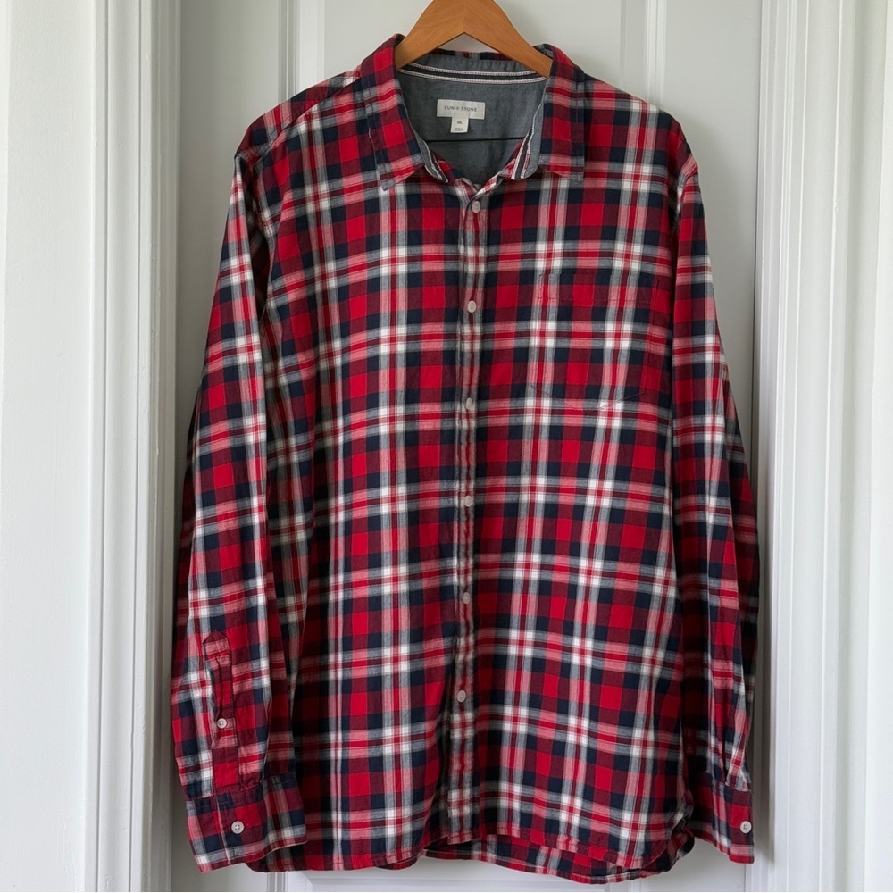 Sun + Stone Men's Red Plaid Long-Sleeve Button-Up Shirt Size XXL